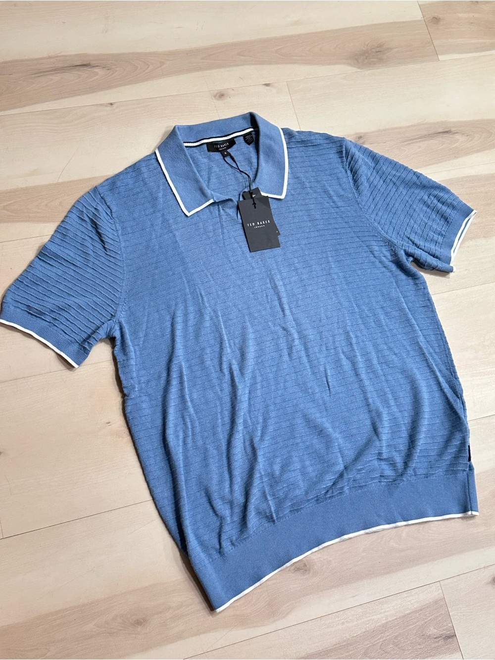TED BAKER LONDON Durdle Textured Striped Knit Polo Shirt In Blue Sz 6 Casual - Picture 5 of 11
